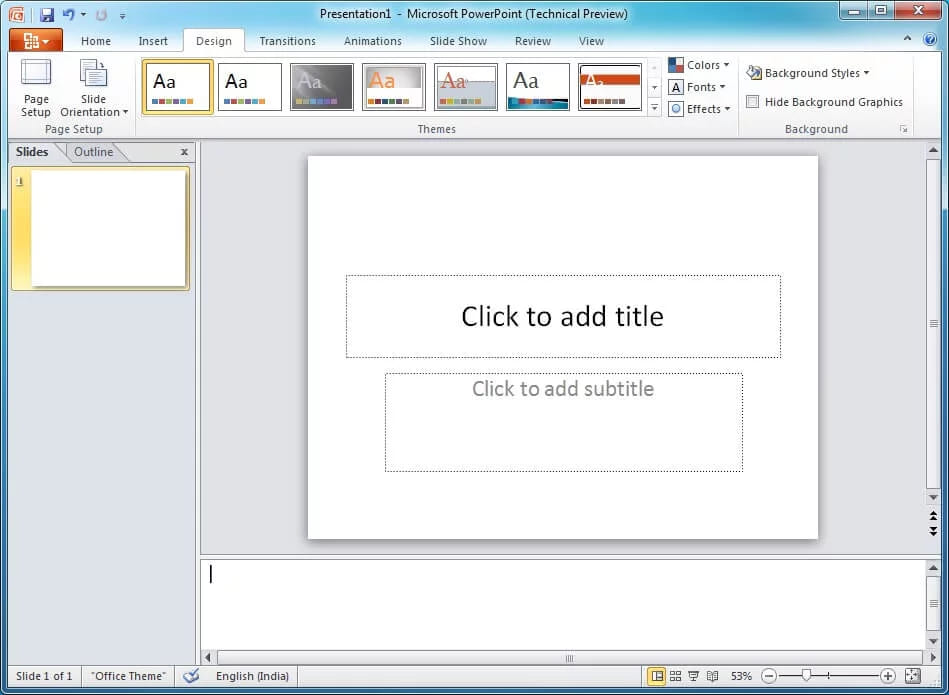 The PowerPoint design tab with a theme gallery in the ribbon above an empty title slide