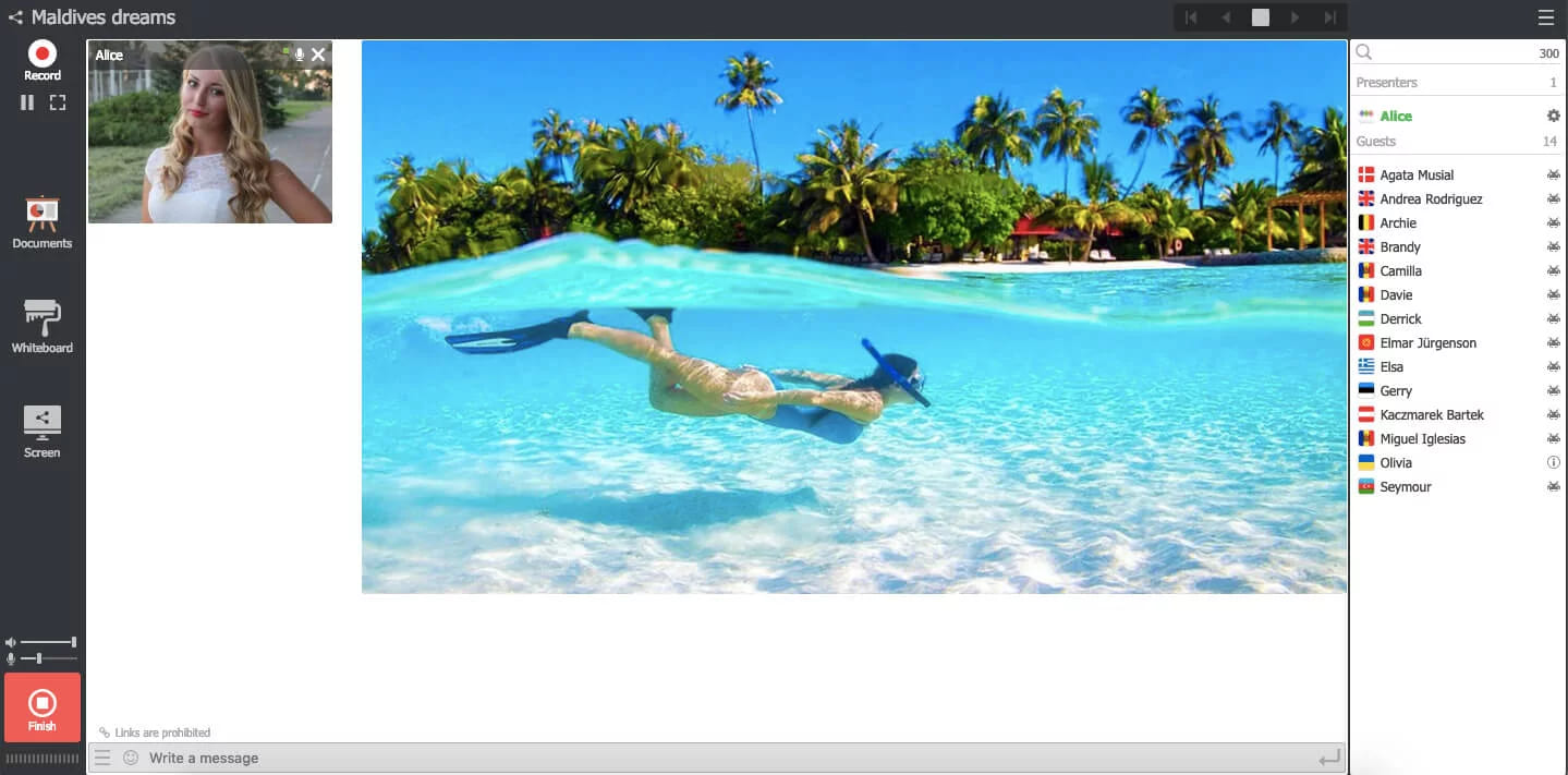 A webinar room showing a travel slide of a snorkeller in shallow water beside the presenter and a guest list