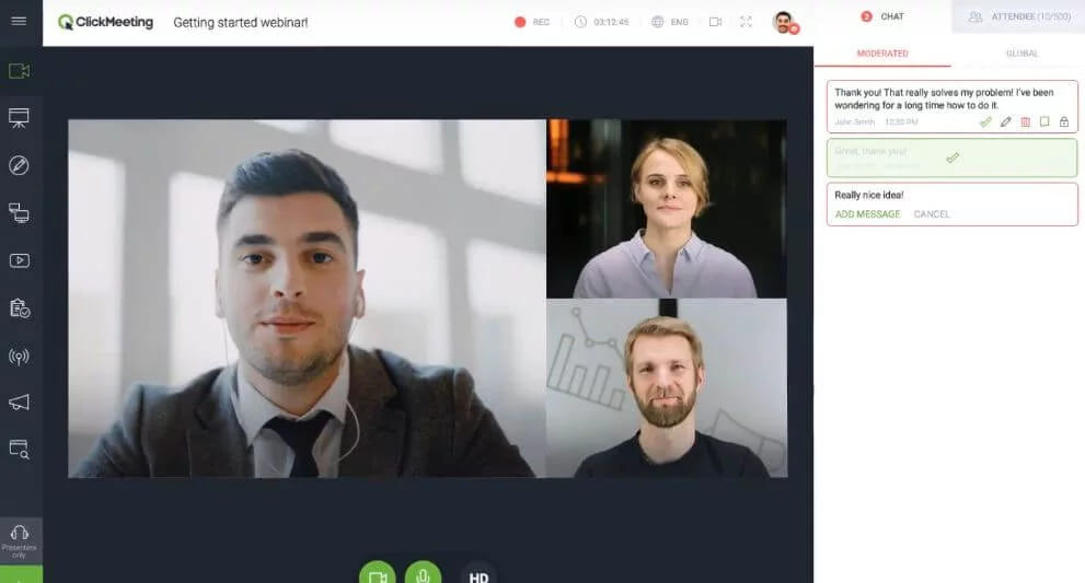 A webinar room with three presenter tiles, a recording timer and a moderated chat panel on the right