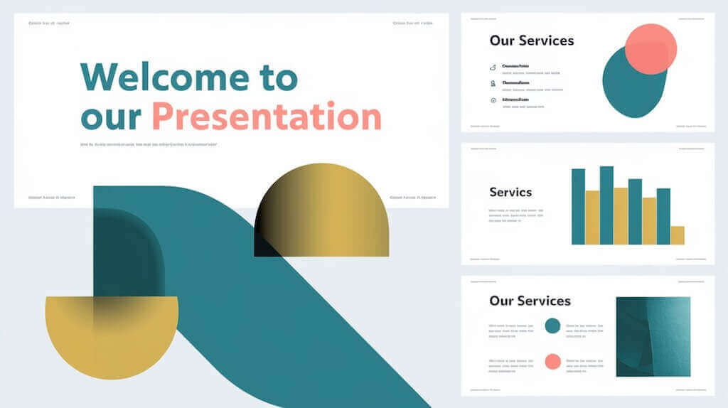 Minimalist slide deck showcasing services and charts for webinars