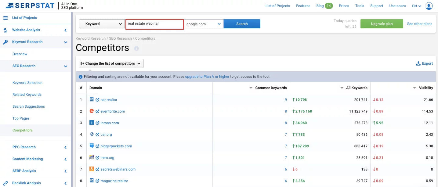 A Serpstat keyword search for the phrase "real estate webinar" with the matching domains listed below