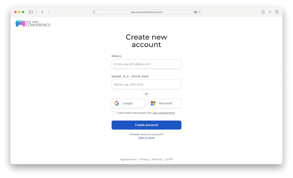 Окно быстрой регистрации на MyOwnConference