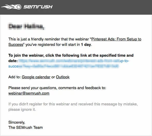 A SEMrush reminder email that a registered webinar about Pinterest ads starts in 1 day, with a blurred join link and links to add it to Google Calendar or Outlook