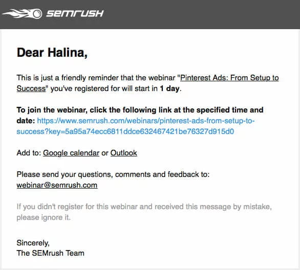 Reminder emails from SEMrush