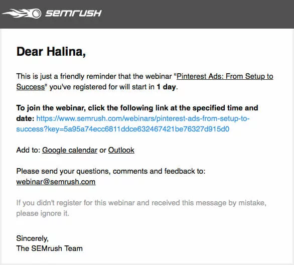 Reminder emails from SEMrush