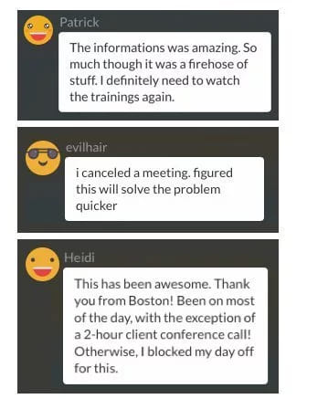 Three chat messages from attendees praising a training session, each with an emoji avatar