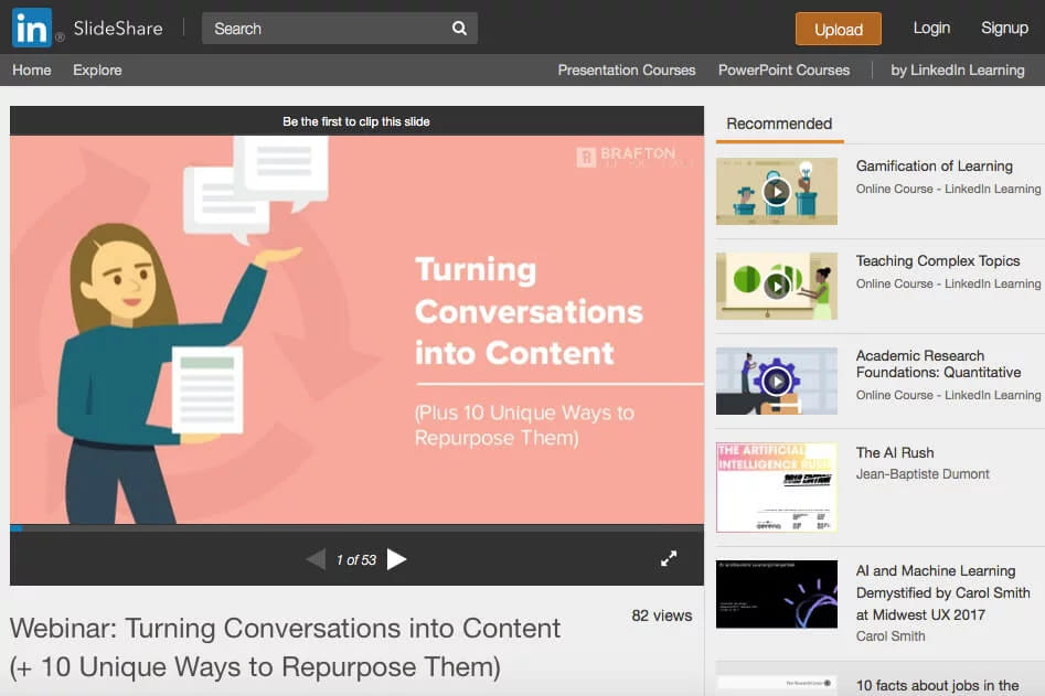 A SlideShare page with a webinar deck open at the first of fifty three slides and a recommended list alongside