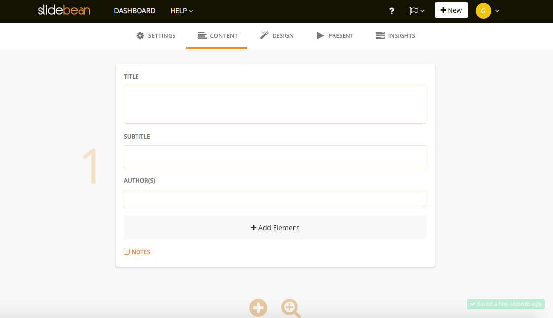 The Slidebean content tab with empty title, subtitle and author fields for the first slide