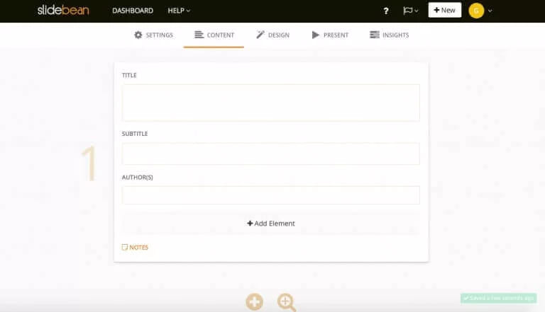 Вкладка Content у Slidebean з порожніми полями заголовка, підзаголовка й автора