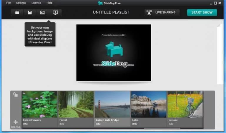 Вікно SlideDog Free з порожнім плейлистом і смугою медіафайлів унизу