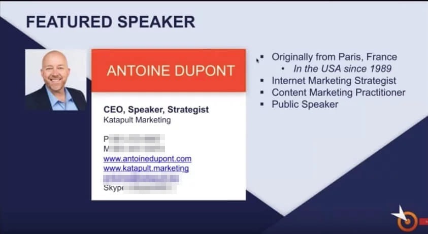 Slide headed Featured speaker, with a photo of a man in a suit, his name and role beside it, a contact card whose phone lines and Skype handle are blurred out, and a list of his background points