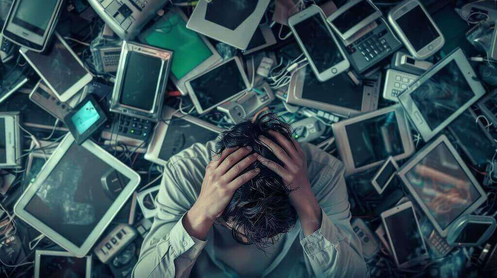 Frustrated person surrounded by devices symbolizing technical issues that leave a webinars