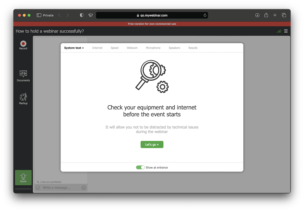 The system test window in the webinar room offering to check equipment and internet before the start