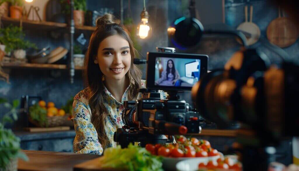 Content creator recording a professional video in a kitchen studio