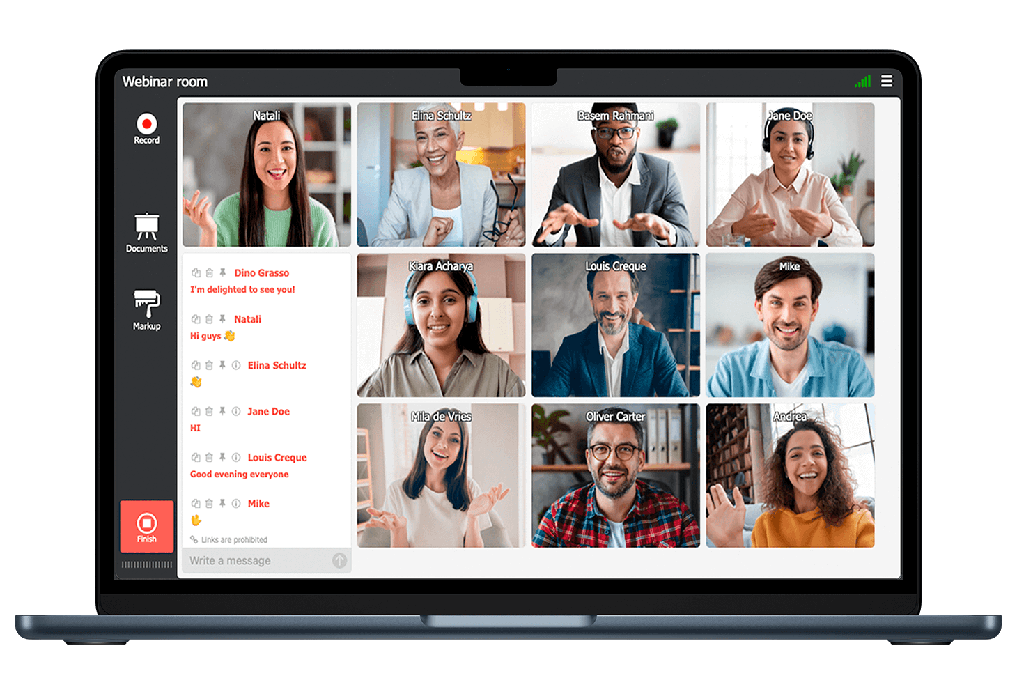 The webinar room on a laptop with a grid of twelve participants on camera