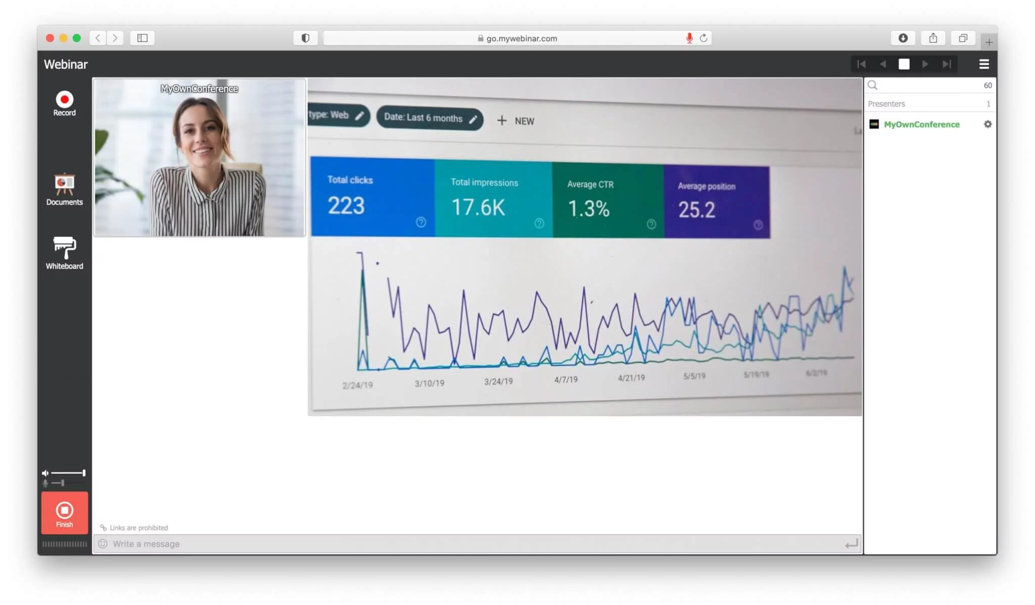 The webinar room where a presenter shares an analytics dashboard of clicks, impressions and CTR