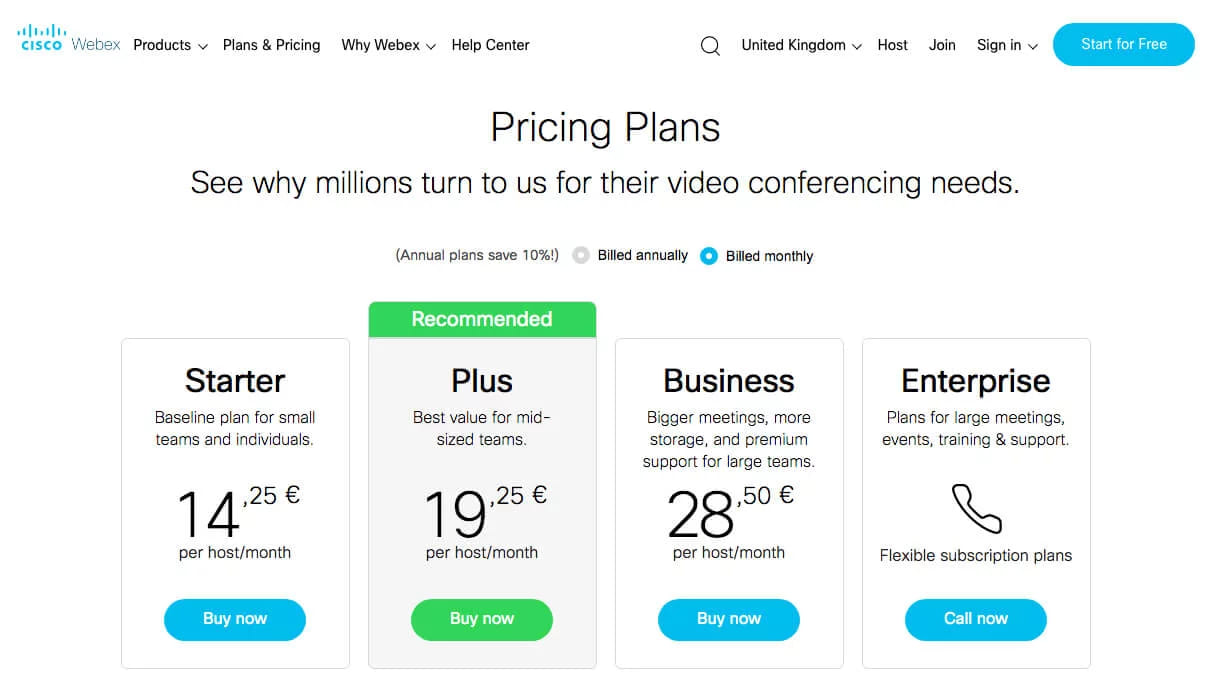 Webex pricing plans with the different subscription options for webinars