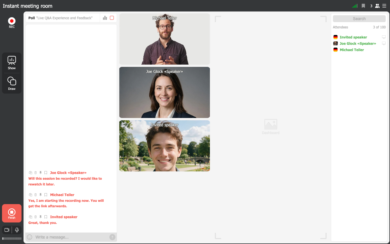 A live poll running in the webinar room while the chat carries on beside it