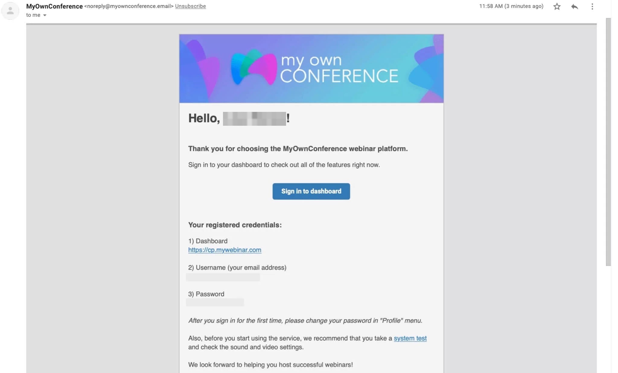 A MyOwnConference welcome email in Gmail with the name in the greeting blurred, a Sign in to dashboard button and blurred username and password