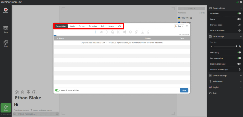 Workspace in the virtual event room for presenting slides or videos