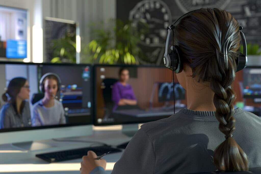 Женщина в наушниках внимательно участвует в онлайн-вебинаре с несколькими спикерами на экране, символизируя важность вовлечения в процессе обучения