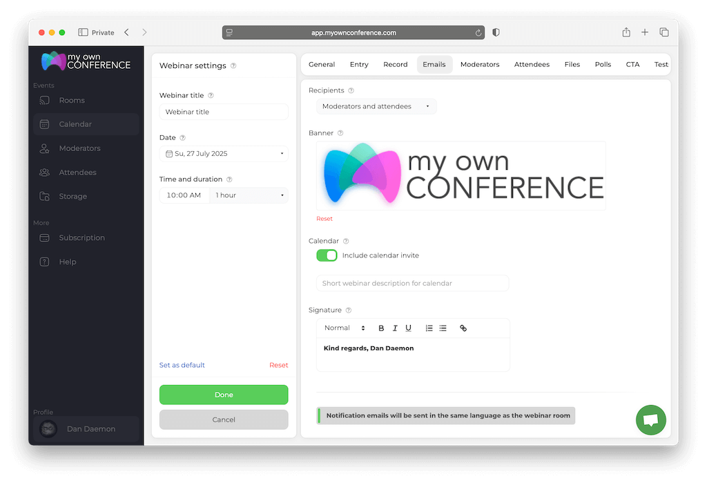 Customize your webinar email notifications