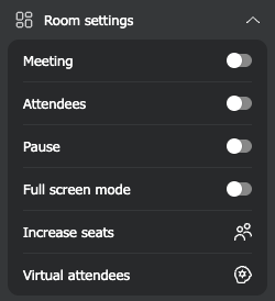 The Room settings menu inside the webinar room, with the Increase seats item