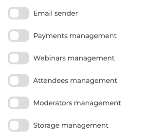 The six permission switches of the Add new user form, from Email sender to Storage management